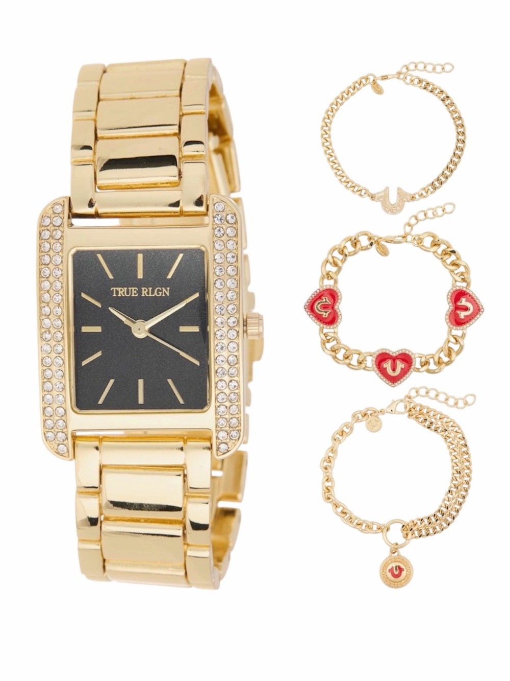 True Religion Gold-Tone Watch with Black Dial and Red Heart Charm Bracelets